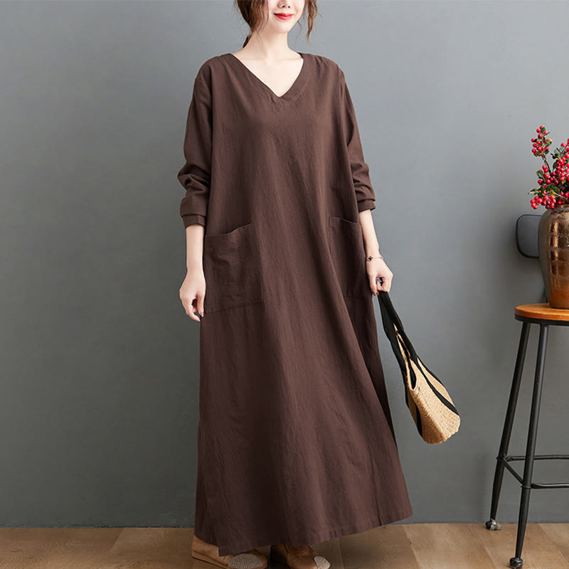 Tactile Cotton Linen Long Sleeve Grounding Midi Dress