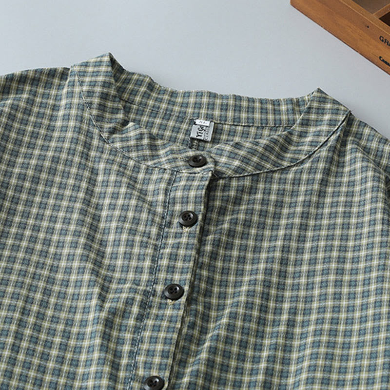 Tactile Cotton Plaid Lantern-Sleeve Grounding Midi Dress