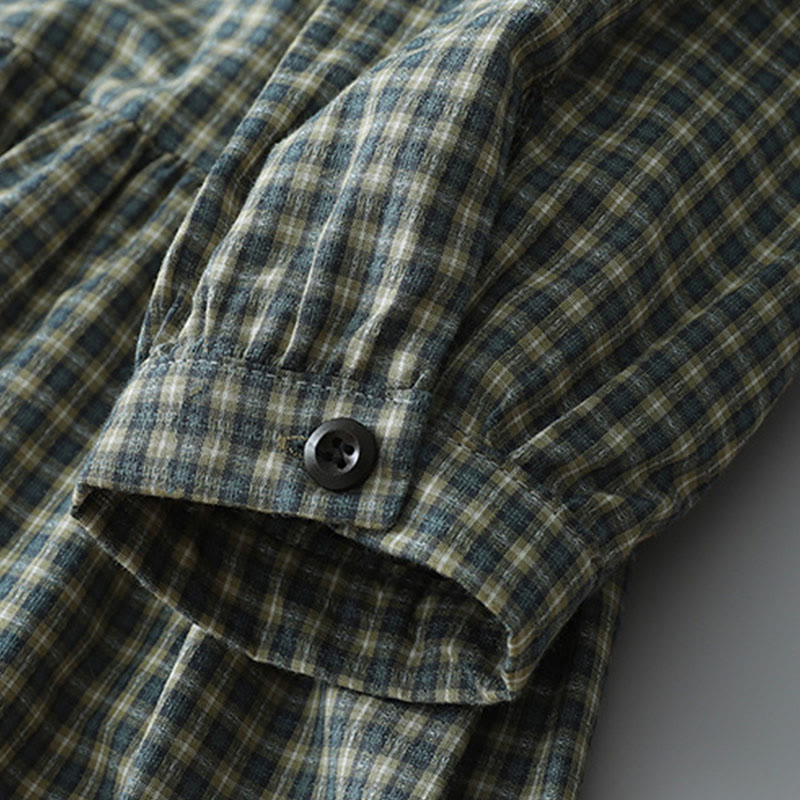 Tactile Cotton Plaid Lantern-Sleeve Grounding Midi Dress