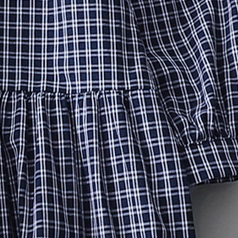 Tactile Cotton Plaid Lantern-Sleeve Grounding Midi Dress
