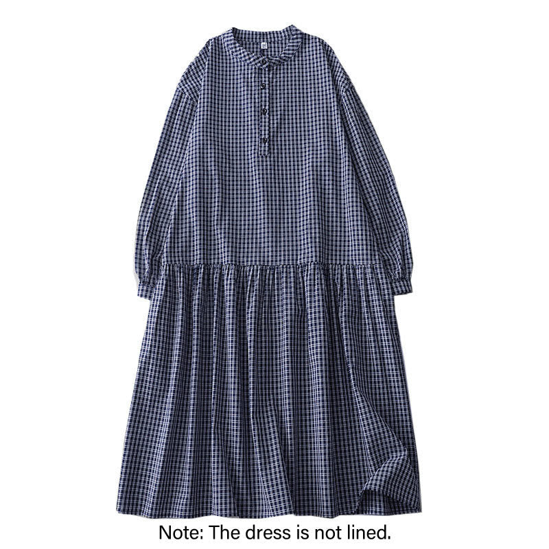 Tactile Cotton Plaid Lantern-Sleeve Grounding Midi Dress
