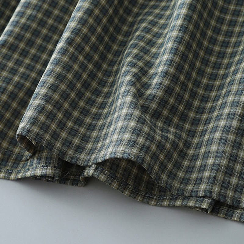 Tactile Cotton Plaid Lantern-Sleeve Grounding Midi Dress