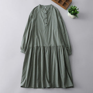 Tactile Cotton Plaid Lantern-Sleeve Grounding Midi Dress