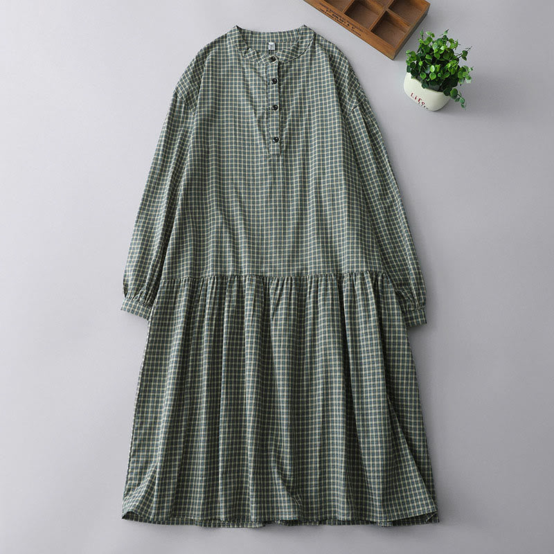 Tactile Cotton Plaid Lantern-Sleeve Grounding Midi Dress