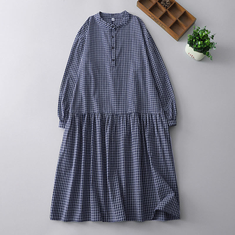 Tactile Cotton Plaid Lantern-Sleeve Grounding Midi Dress
