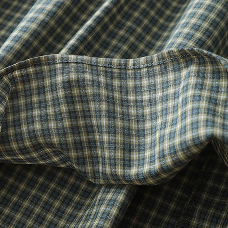 Tactile Cotton Plaid Lantern-Sleeve Grounding Midi Dress
