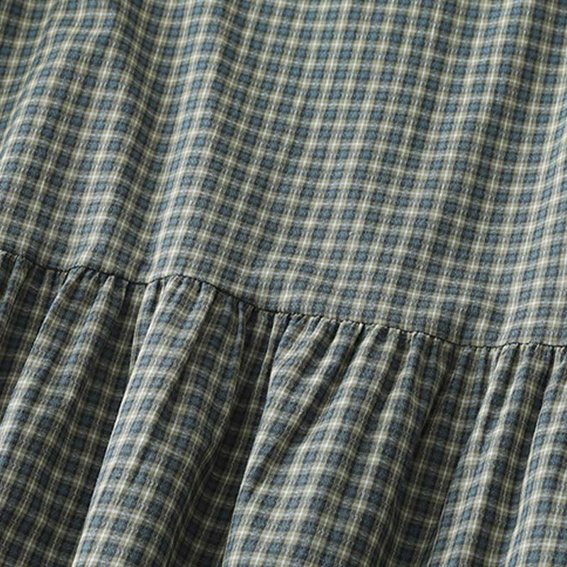 Tactile Cotton Plaid Lantern-Sleeve Grounding Midi Dress