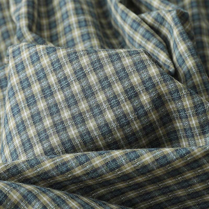 Tactile Cotton Plaid Lantern-Sleeve Grounding Midi Dress