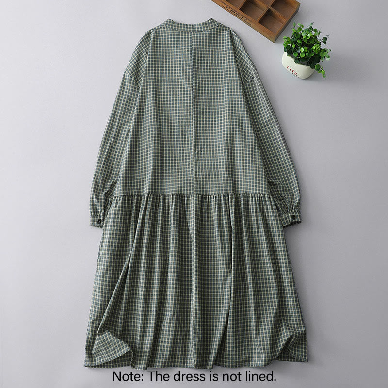 Tactile Cotton Plaid Lantern-Sleeve Grounding Midi Dress