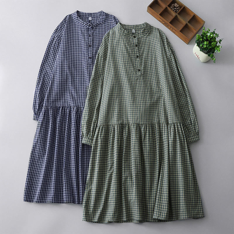 Tactile Cotton Plaid Lantern-Sleeve Grounding Midi Dress