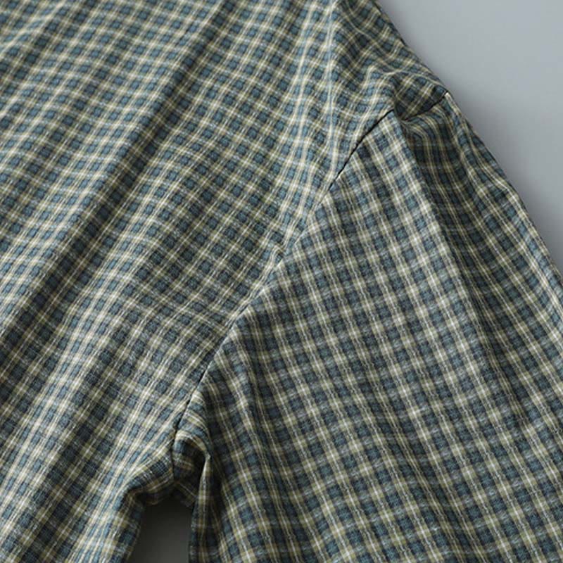 Tactile Cotton Plaid Lantern-Sleeve Grounding Midi Dress