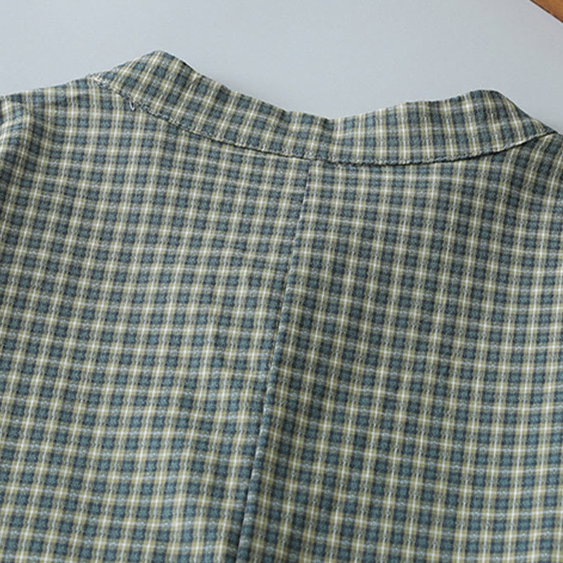 Tactile Cotton Plaid Lantern-Sleeve Grounding Midi Dress