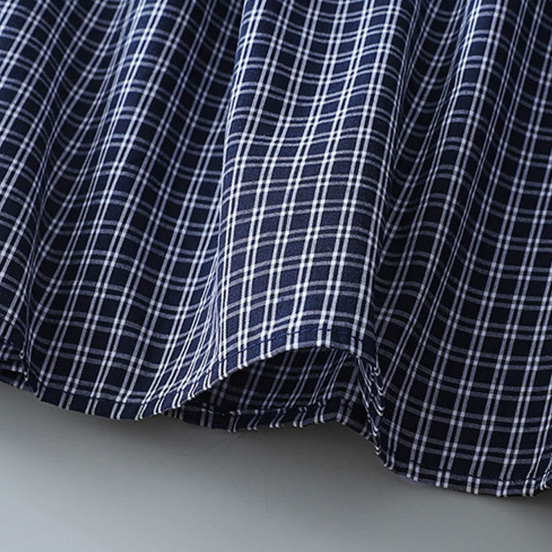 Tactile Cotton Plaid Lantern-Sleeve Grounding Midi Dress
