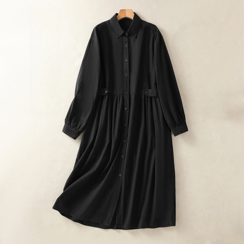 Tactile Cotton Blend Lapel Pocket Mindful Midi Dress