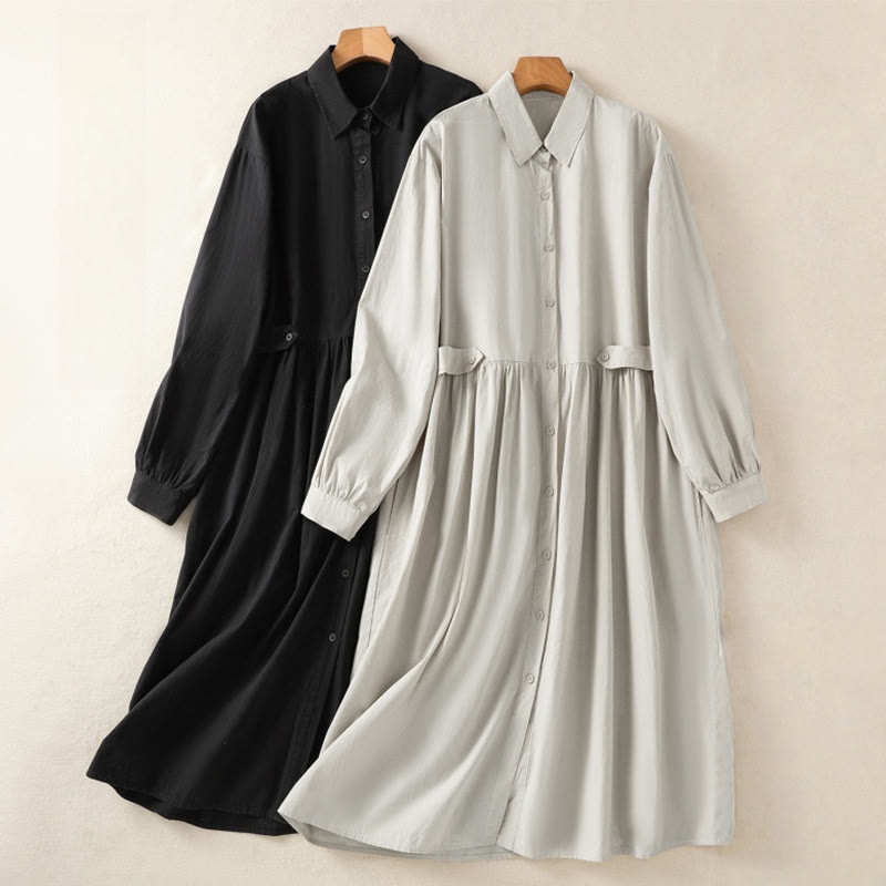 Tactile Cotton Blend Lapel Pocket Mindful Midi Dress