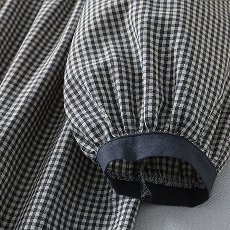 Cotton Linen Plaid Lantern Sleeve Mindful Midi Dress with Pockets