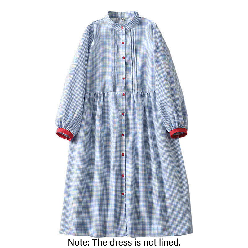 Cotton Linen Plaid Lantern Sleeve Mindful Midi Dress with Pockets