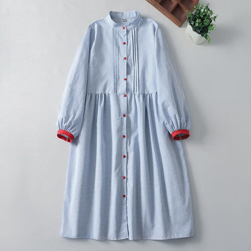 Cotton Linen Plaid Lantern Sleeve Mindful Midi Dress with Pockets