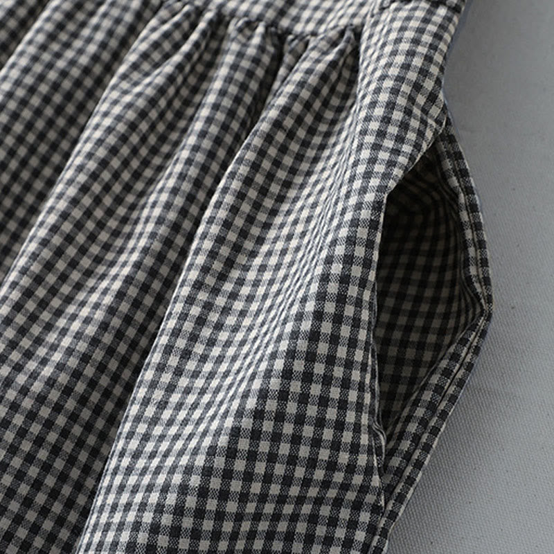 Cotton Linen Plaid Lantern Sleeve Mindful Midi Dress with Pockets