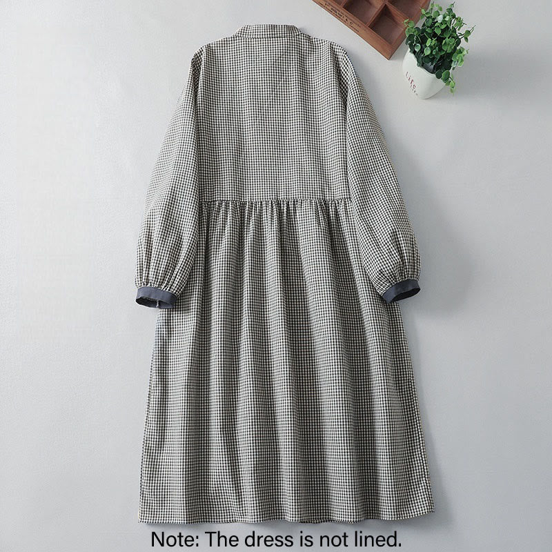 Cotton Linen Plaid Lantern Sleeve Mindful Midi Dress with Pockets