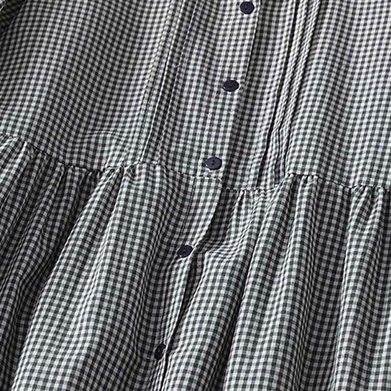 Cotton Linen Plaid Lantern Sleeve Mindful Midi Dress with Pockets