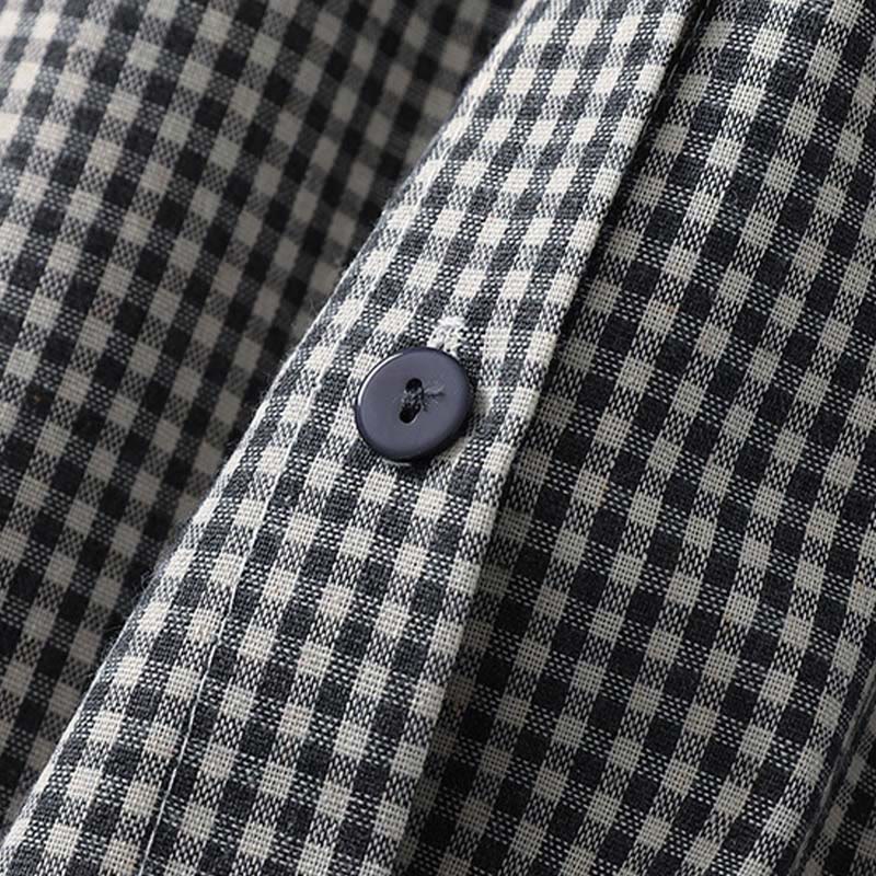 Cotton Linen Plaid Lantern Sleeve Mindful Midi Dress with Pockets