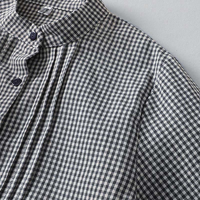 Cotton Linen Plaid Lantern Sleeve Mindful Midi Dress with Pockets