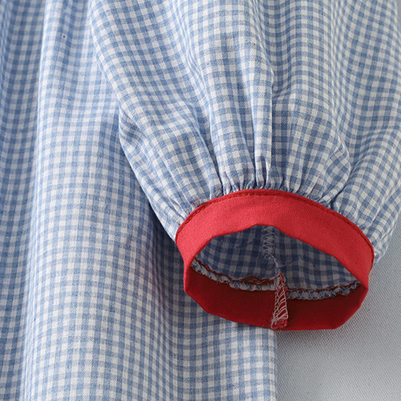 Cotton Linen Plaid Lantern Sleeve Mindful Midi Dress with Pockets