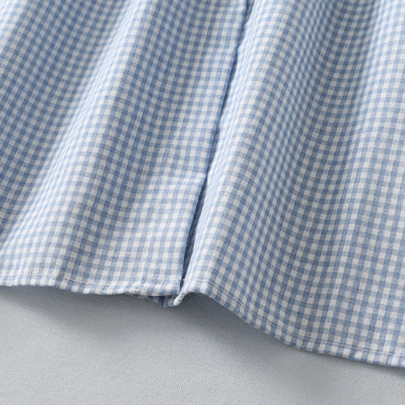 Cotton Linen Plaid Lantern Sleeve Mindful Midi Dress with Pockets