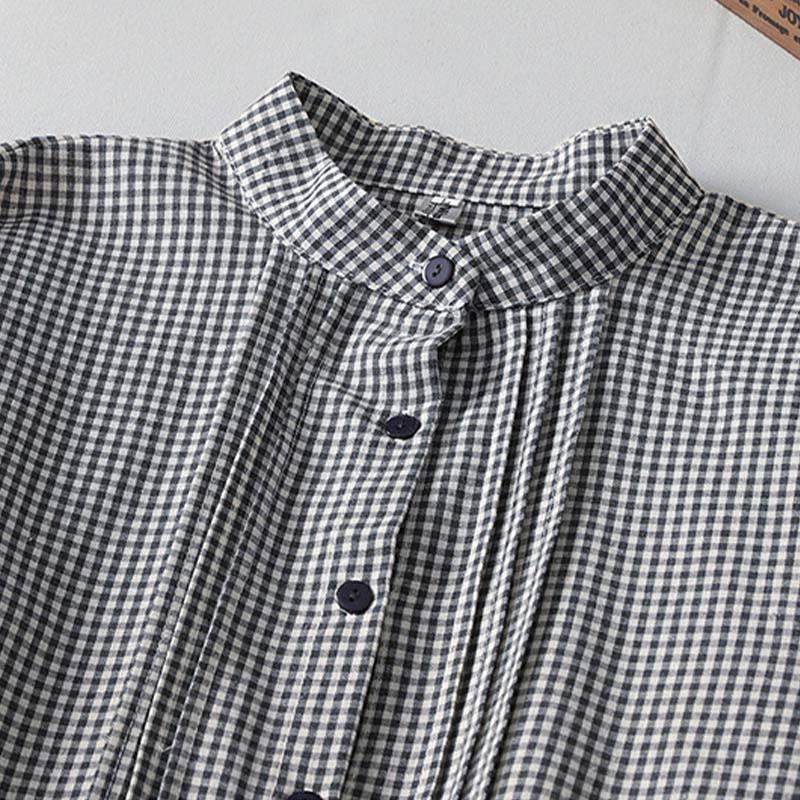 Cotton Linen Plaid Lantern Sleeve Mindful Midi Dress with Pockets