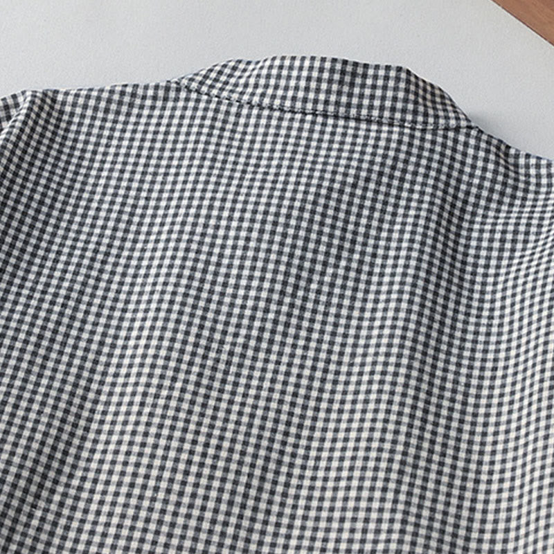 Cotton Linen Plaid Lantern Sleeve Mindful Midi Dress with Pockets