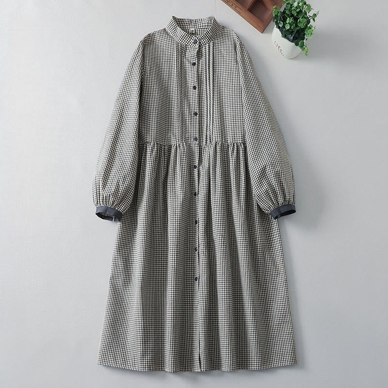 Cotton Linen Plaid Lantern Sleeve Mindful Midi Dress with Pockets