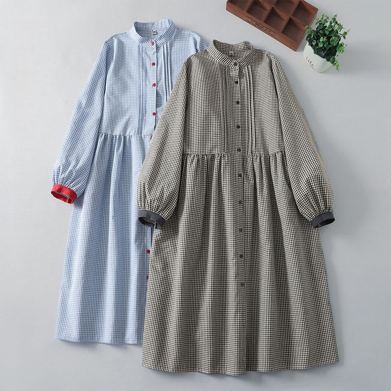 Cotton Linen Plaid Lantern Sleeve Mindful Midi Dress with Pockets