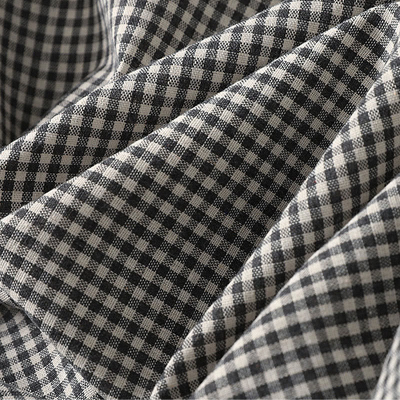 Cotton Linen Plaid Lantern Sleeve Mindful Midi Dress with Pockets