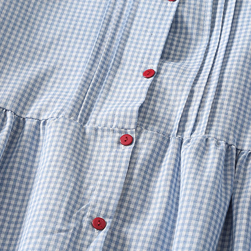 Cotton Linen Plaid Lantern Sleeve Mindful Midi Dress with Pockets