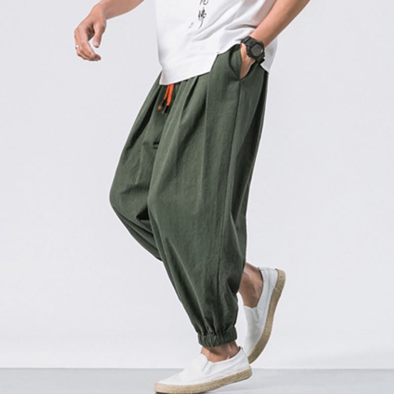 Casual Sports Men's Solid Color Cotton Drawstring Pants With Pockets