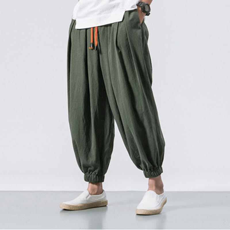 Casual Sports Men's Solid Color Cotton Drawstring Pants With Pockets