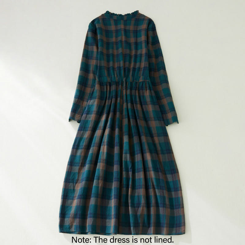 Plaid Ruffled V-Neck Long Sleeve Drawstring Cotton Linen Midi Dress With Pockets