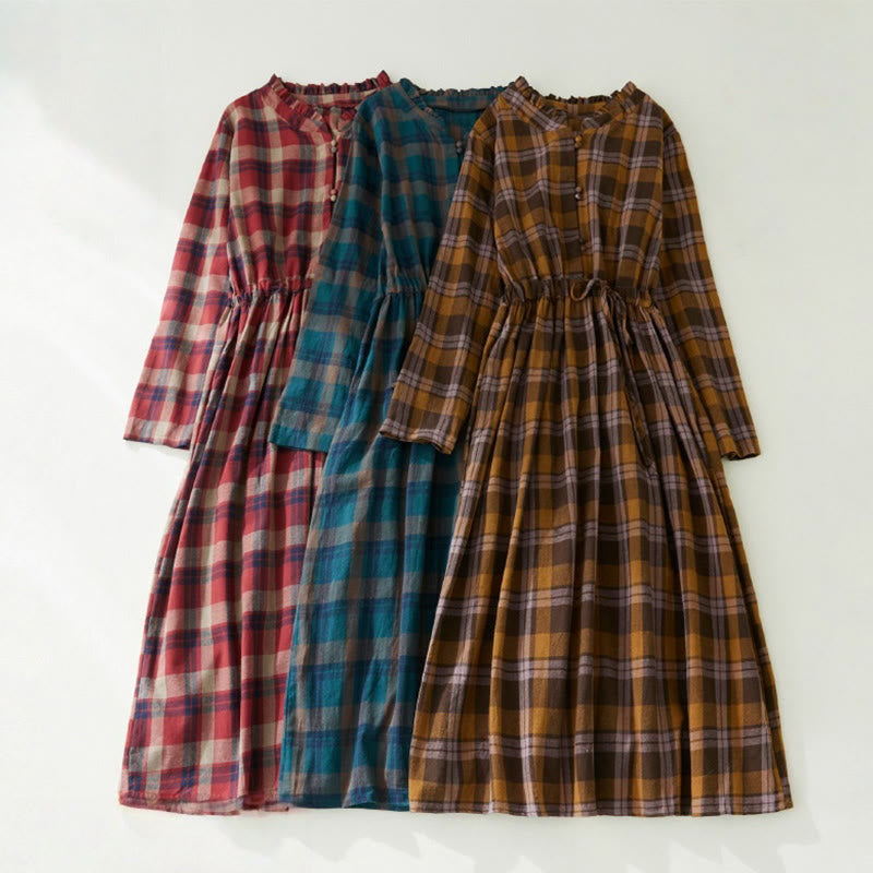 Plaid Ruffled V-Neck Long Sleeve Drawstring Cotton Linen Midi Dress With Pockets