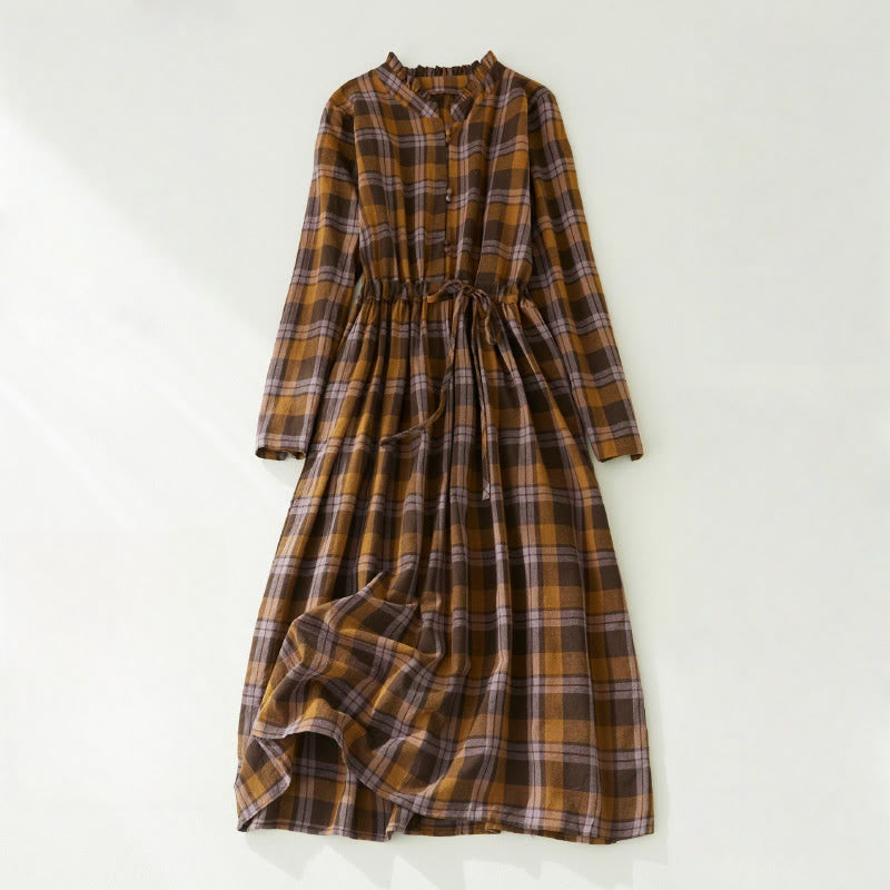 Plaid Ruffled V-Neck Long Sleeve Drawstring Cotton Linen Midi Dress With Pockets