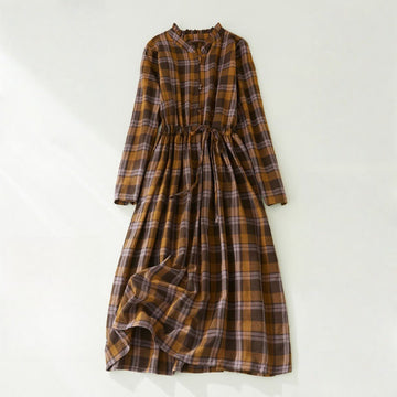 Plaid Ruffled V-Neck Long Sleeve Drawstring Cotton Linen Midi Dress With Pockets