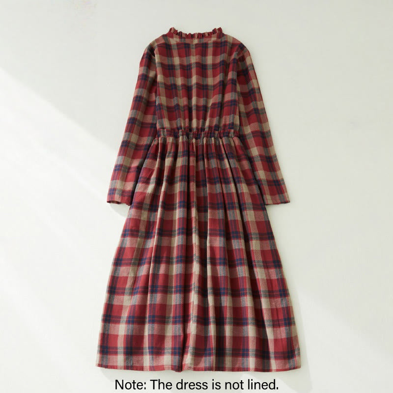 Plaid Ruffled V-Neck Long Sleeve Drawstring Cotton Linen Midi Dress With Pockets