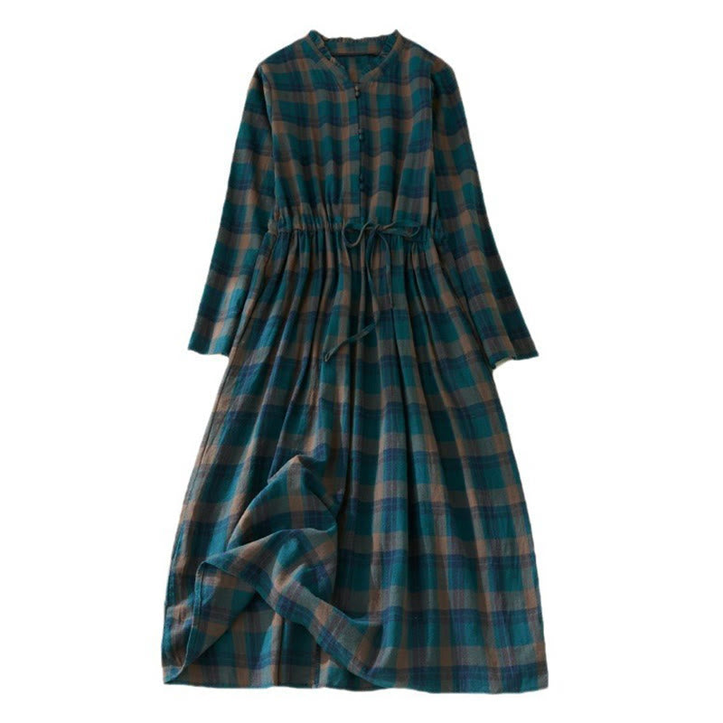 Plaid Ruffled V-Neck Long Sleeve Drawstring Cotton Linen Midi Dress With Pockets