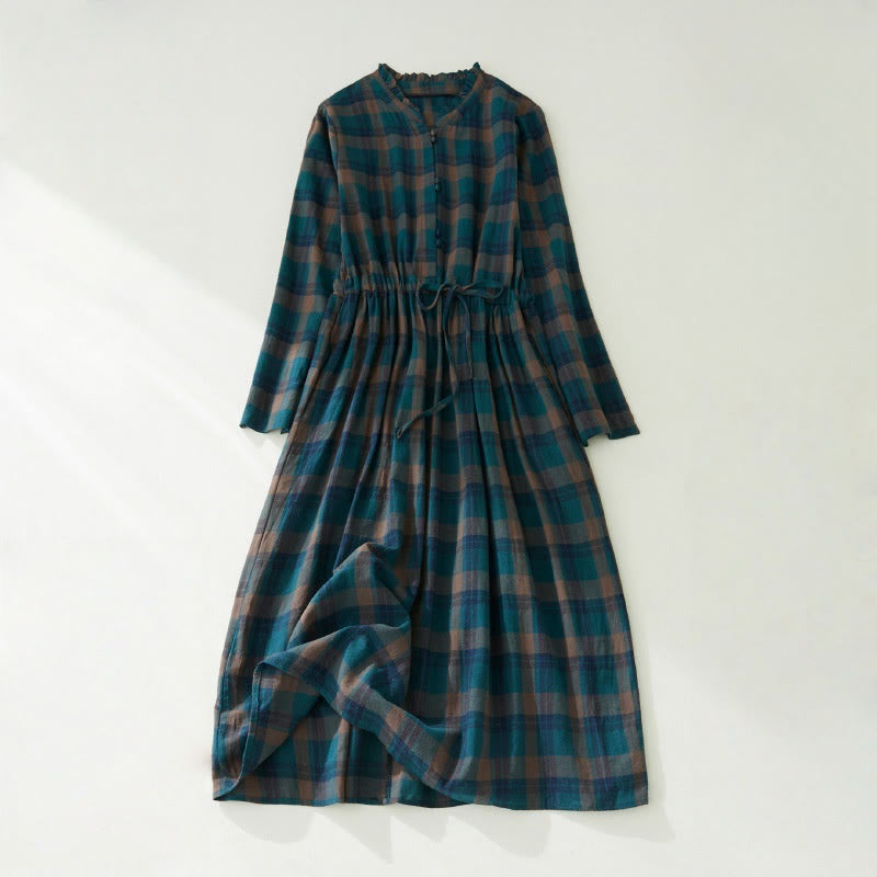 Plaid Ruffled V-Neck Long Sleeve Drawstring Cotton Linen Midi Dress With Pockets