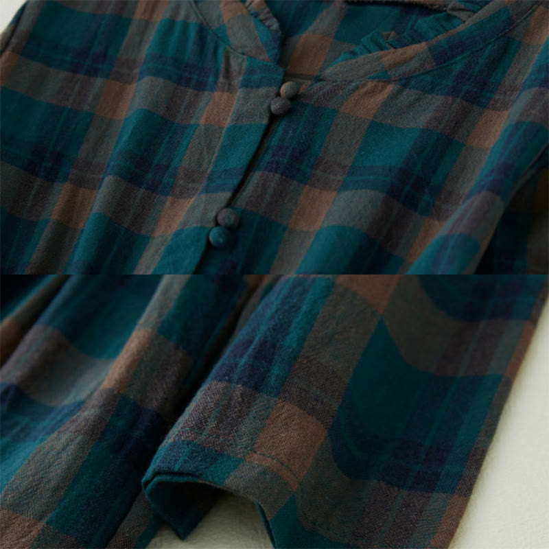 Plaid Ruffled V-Neck Long Sleeve Drawstring Cotton Linen Midi Dress With Pockets