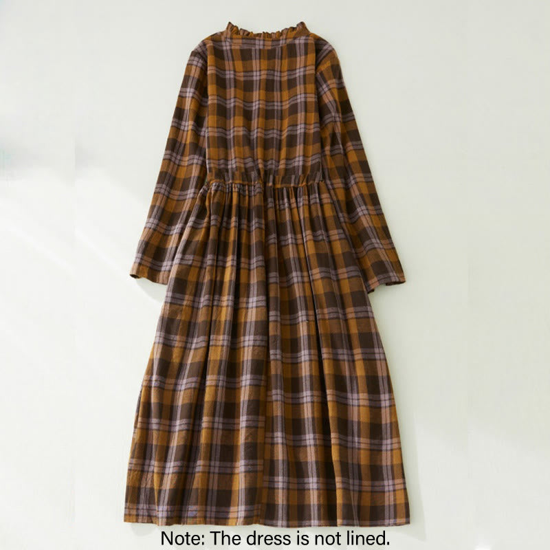 Plaid Ruffled V-Neck Long Sleeve Drawstring Cotton Linen Midi Dress With Pockets
