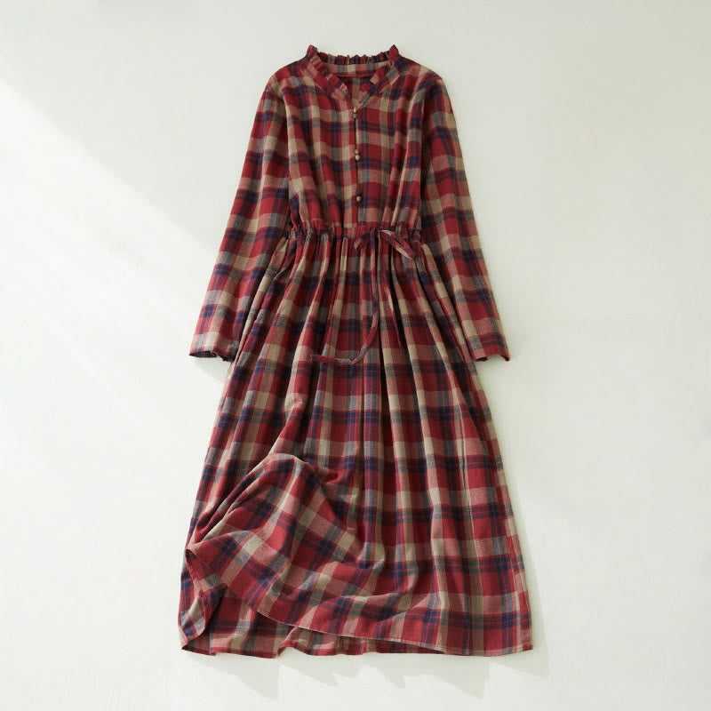 Plaid Ruffled V-Neck Long Sleeve Drawstring Cotton Linen Midi Dress With Pockets