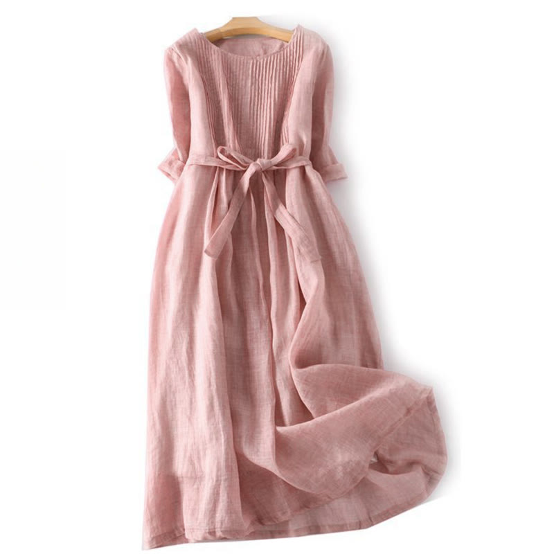 Casual Lace-up Plain Crew Neck Half Sleeve Cotton Midi Dress With Pockets