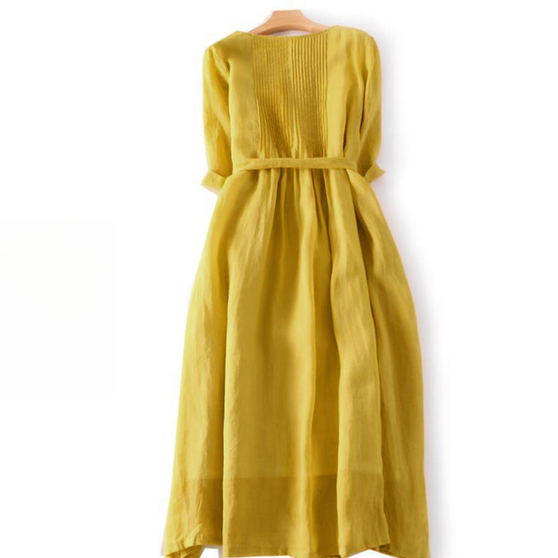 Casual Lace-up Plain Crew Neck Half Sleeve Cotton Midi Dress With Pockets
