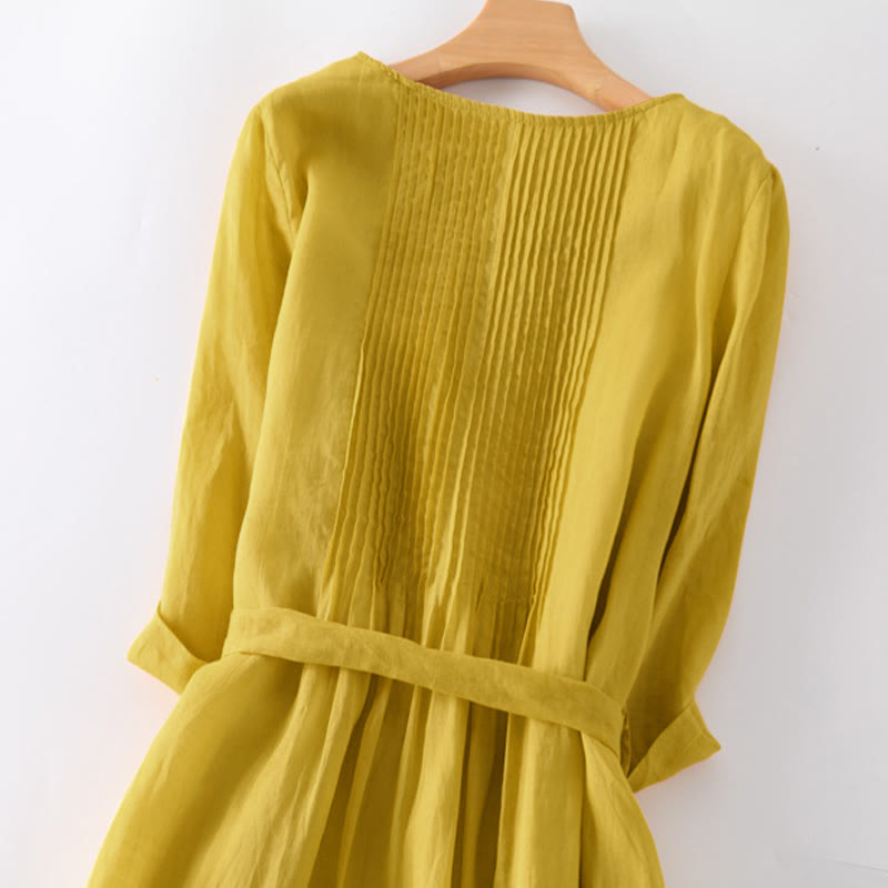Casual Lace-up Plain Crew Neck Half Sleeve Cotton Midi Dress With Pockets